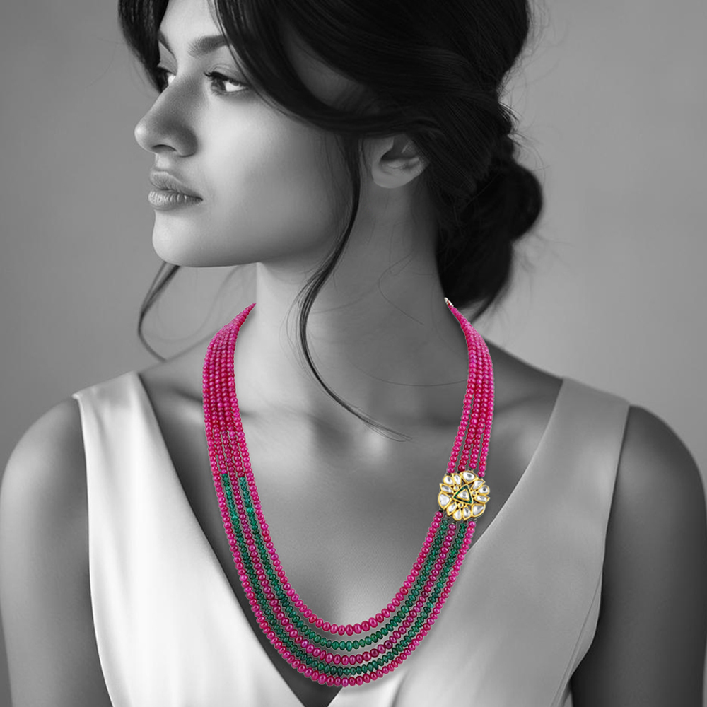 Multi-Strand Ruby and Emerald Necklace with Polki Floral Motif